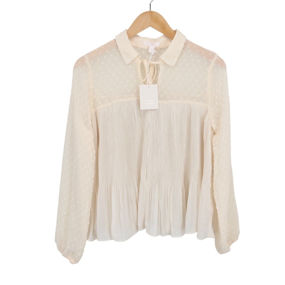 Lauren Conrad Cream Silk Long Sleeve Pleated Boho Sheer Shirt Size M Petite NWT
